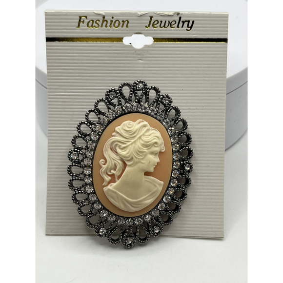 VTG SILVER TONE Pendant Brooch Oval Cameo PEACH Background Fashion Jewelry NEW - Picture 6 of 16